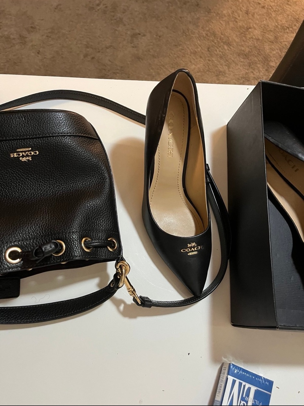 Coach Black Pebbled Leather Bucket Crossbody with Gold Hardware with coach pumps